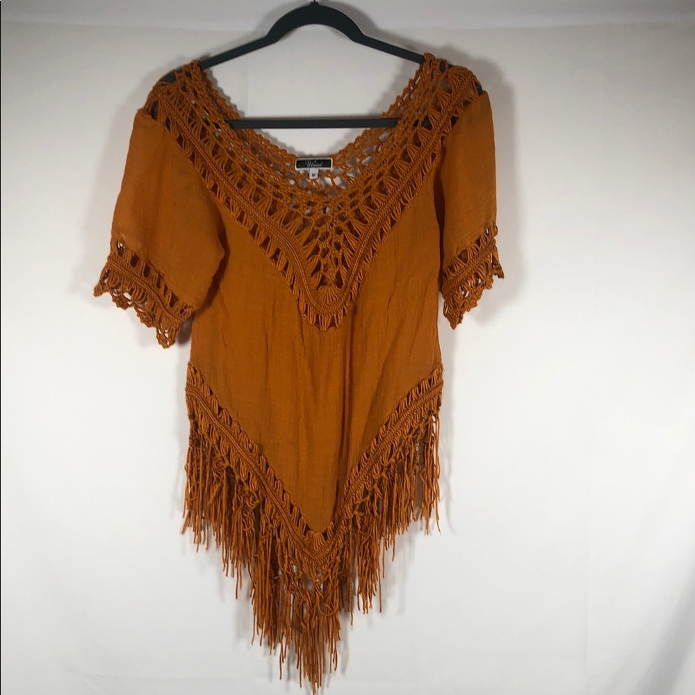 Women's‎ Boho Festival Crochet Western Fringe Blouse - Orange